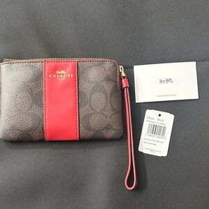 Coach Brown Signature Wristlet with Red Stripe NWT